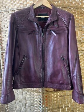 Infinity Mens London Burgundy Leather Moto Jacket Quilted Zip Large